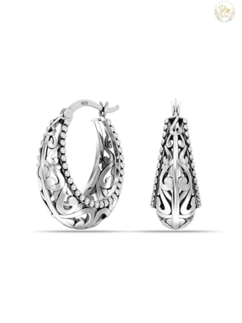925 Sterling Silver Hoop Earrings | Women's Filigree Openwork Lightweight
